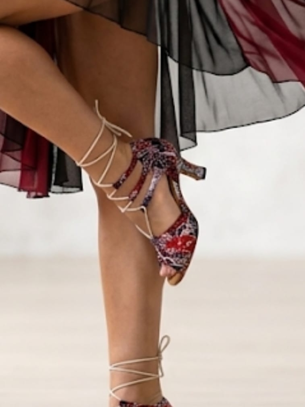 Red Patterned Lace-Up Mid Heel Sandals with Ankle Wrap #107